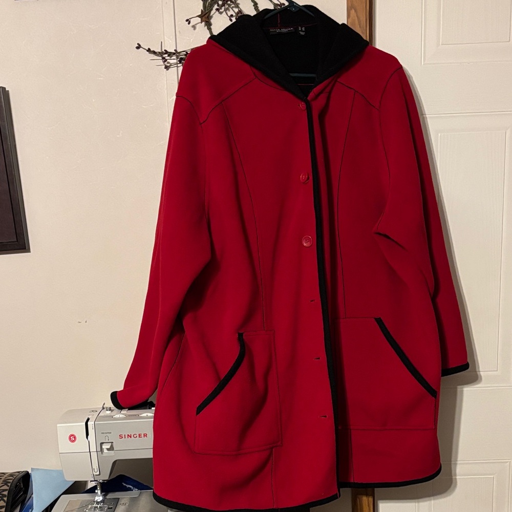 Susan Graver Red Hooded coat with Black Trim 3/4 length heavy fleece